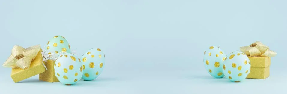 Festive easter banner - blue easter eggs with golden glitter dots and gift bo Stock Photos