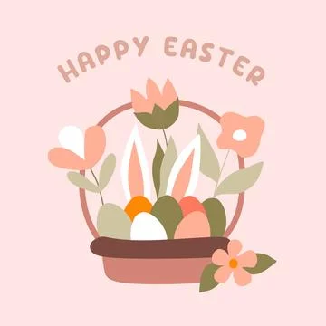 Festive Easter Basket with Colorful eggs, Flowers and Ears of Bunny rabbit... Stock Illustration