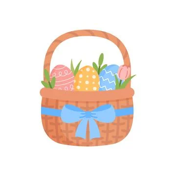 Festive Easter basket with Easter eggs on white background Stock Illustration