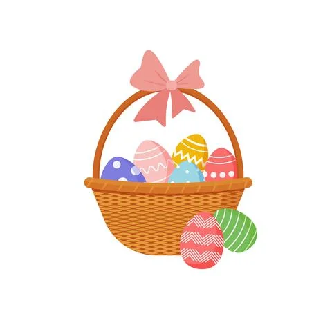 Festive easter basket with a set of eggs with an ornament and flowers and bun Stock Illustration