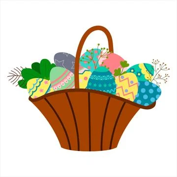 Festive Easter basket with a set of eggs with ornaments and twigs of plants.. Stock Illustration