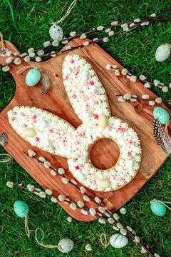 Festive easter bunny cake decorated with colorful candies Stock Photos