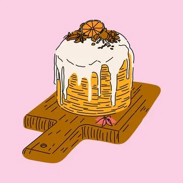 Festive Easter Cake with Orange Slice and Icing on Wooden Board Stock-Illustration