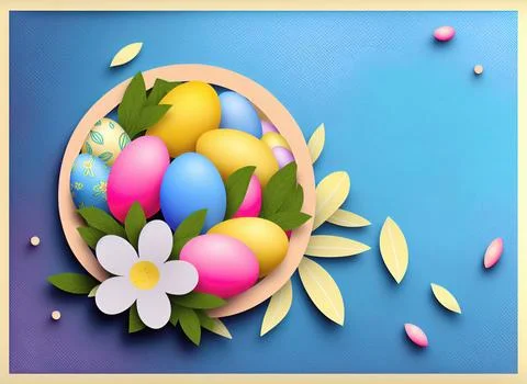 Festive Easter card with colorful Easter eggs and flowers. Foto stock