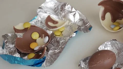 Festive Easter Chocolate Cracked Open Revealing Colorful Candies Inside Stock Footage 333111413