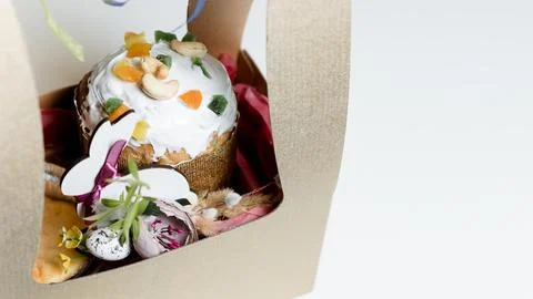 Festive easter composition box with eggs and decor, copy space Stock Photos