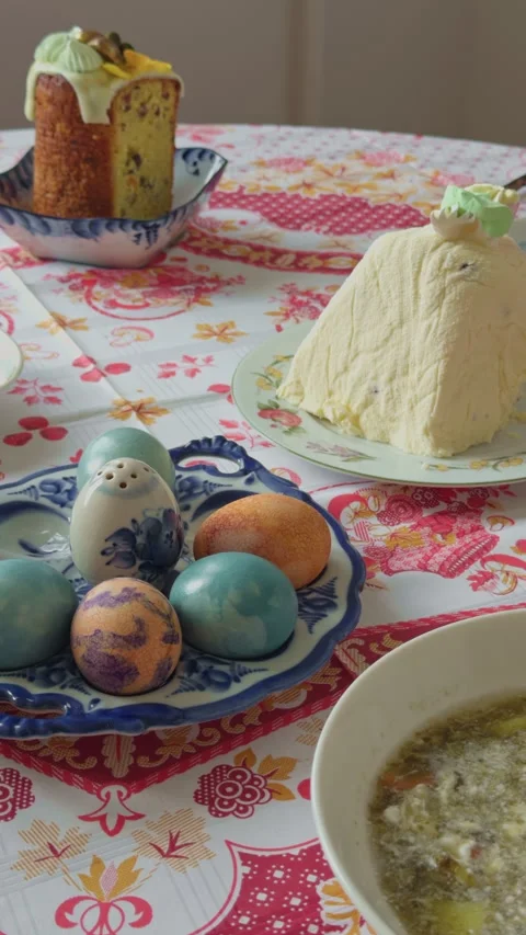 Festive Easter Decorations. Colorful Easter table setting display. Decorative Stock Footage 332735210