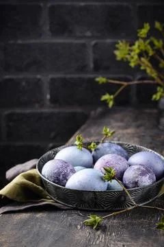 Festive Easter eggs in purple and blue color Stock Photos