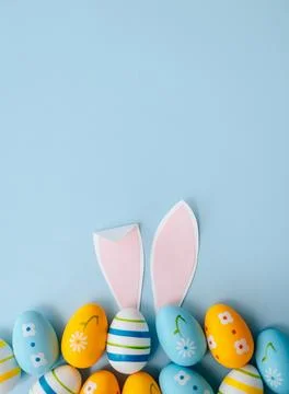 A festive Easter flat lay with colorful eggs 写真素材