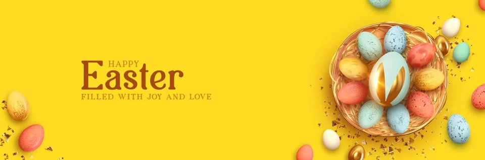 Festive Easter horizontal banner, template header for website. Realistic 3d.. 스톡 일러스트