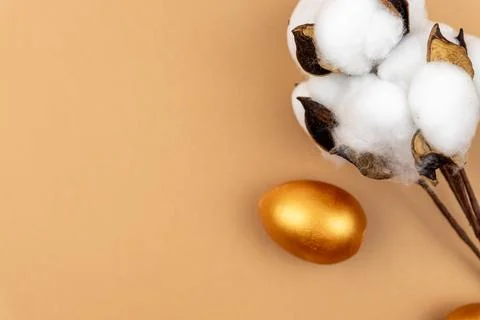 Festive easter layout. Cotton flower branch and gold painted eggs on beige .. Stock Photos