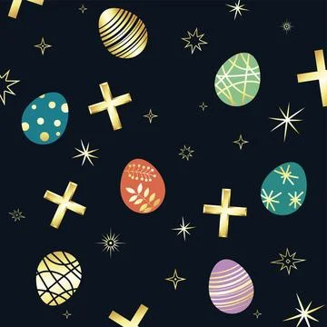 Festive Easter pattern design with golden crosses and painted eggs Stock Illustration