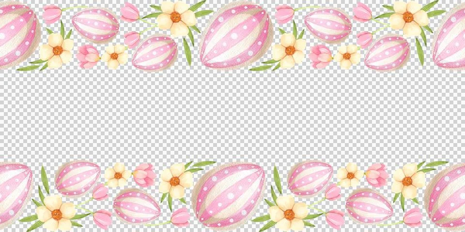 Festive Easter seamless border with eggs and flowers, hand painted in watercolor Stock Illustration