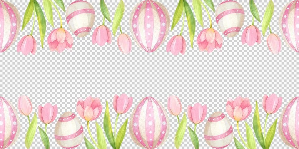 Festive Easter seamless border with eggs and flowers, hand painted in watercolor Stock Illustration