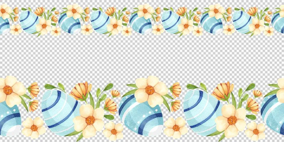 Festive Easter seamless border with eggs and flowers, hand painted in watercolor Stock-Illustration