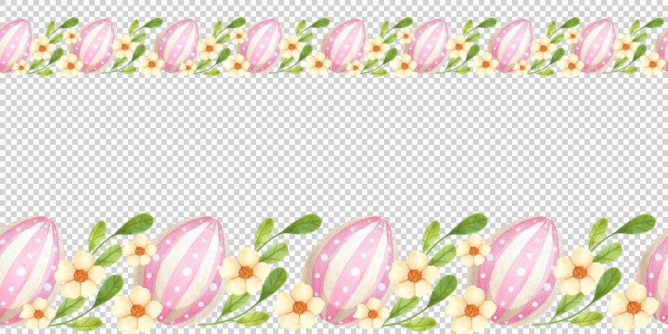 Festive Easter seamless border with eggs and flowers, hand painted in watercolor Stock Illustration