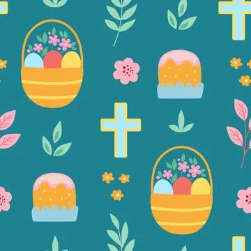 Festive Easter seamless pattern with Easter basket Stock Illustration
