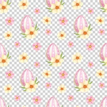 Festive Easter seamless pattern with eggs and flowers, hand drawn in watercolor. Stock Illustration