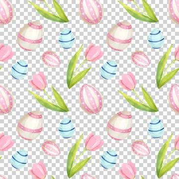 Festive Easter seamless pattern with eggs and flowers, hand drawn in watercolor. イラスト素材