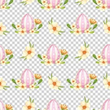 Festive Easter seamless pattern with eggs and flowers, hand drawn in watercolor. Stock Illustration