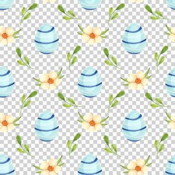 Festive Easter seamless pattern with eggs and flowers, hand drawn in watercolor. Stock Illustration