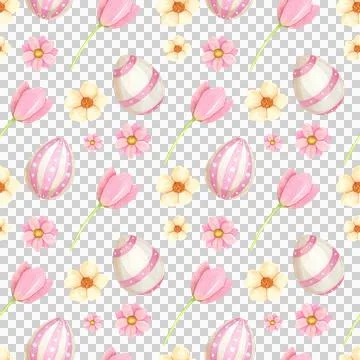Festive Easter seamless pattern with eggs and flowers, hand drawn in watercolor. Illustrazione stock