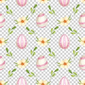 Festive Easter seamless pattern with eggs and flowers, hand drawn in watercolor. Stock Illustration