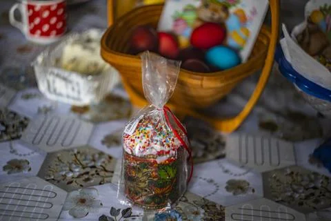 Festive Easter set on the table Stock Photos