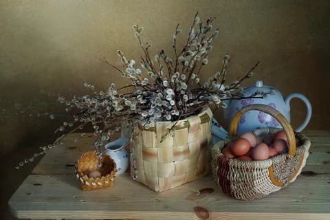 Festive Easter table with decorations Stock Photos