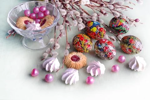 Festive Easter table with decorations on a white background still Life top view. 写真素材