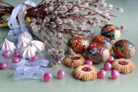 Festive Easter table with decorations on a white background still Life top view. 写真素材