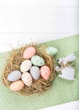 Festive easter table setting, holiday table home decor Stock Photos