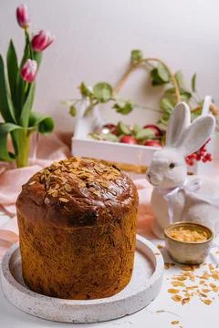 Festive easter table setting with traditional meal at home Stock Photos