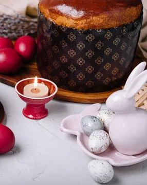 Festive easter table setting with traditional meal Stock Photos