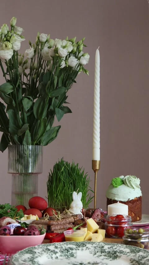 Festive Easter table with traditional food, flowers Stock Footage 306152146