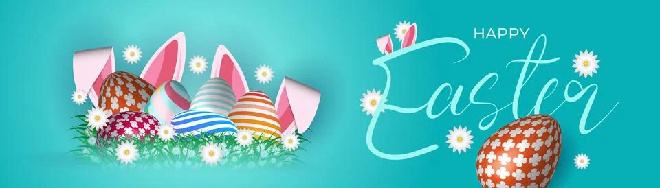 Festive Easter Web Banner Colorful Egg Background. Spring Vibrant Easter Banner Stock Illustration
