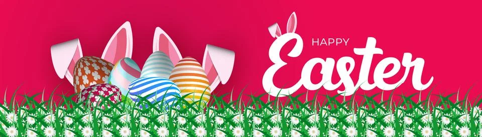 Festive Easter Web Banner Colorful Egg Background. Spring Vibrant Easter Banner イラスト素材