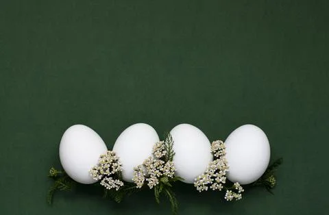 Festive Easter white eggs with white small flowers on a green background. Stock Photos