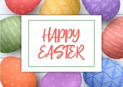Festive easter white wooden background. Easter colorful eggs with simple orna Illustrazione stock