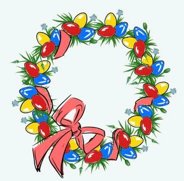 Festive easter wreath of colored eggs and fresh herbs Stock Illustration