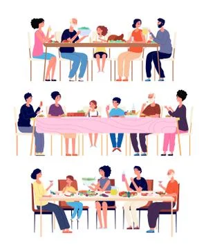 Festive family dinner. Adults eat, holiday dining parents. Big group eating and Stock Illustration