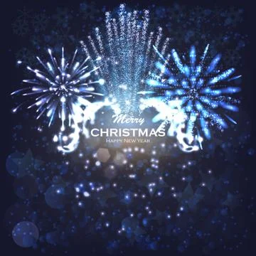 Festive firework rockets bursting in big sparkling star balls poster with dark Stock Illustration