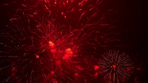 Festive fireworks explode in the black night sky, slow motion Stock Footage 148081422