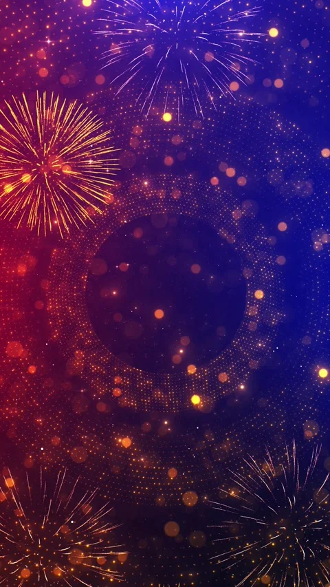 Festive fireworks motion background glowing circular dots, golden bursts, and co Stock Footage 340418231
