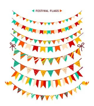 Festive flag garlands set vector illustration. Triangular buntings patterned 스톡 일러스트