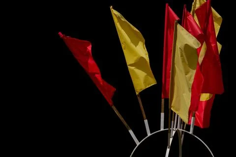 Festive flags of different colors made of fabric Stock Photos