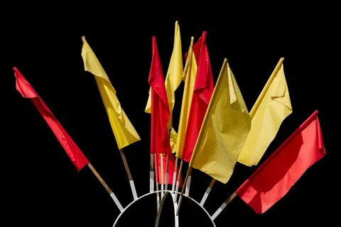 Festive flags of different colors made of fabric Stock Photos