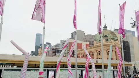 Festive Flags at Federation Square Melbourne CBD Stock Footage 323681402