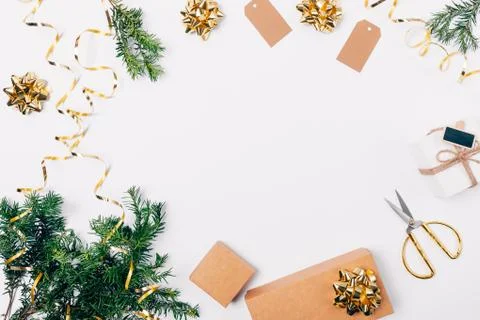 Festive flat lay composition of Christmas gifts boxes 库存照片