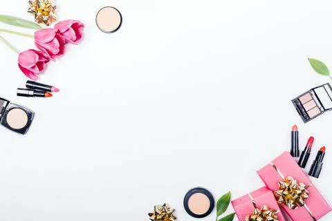 Festive flat lay composition of gift boxes Stock Photos